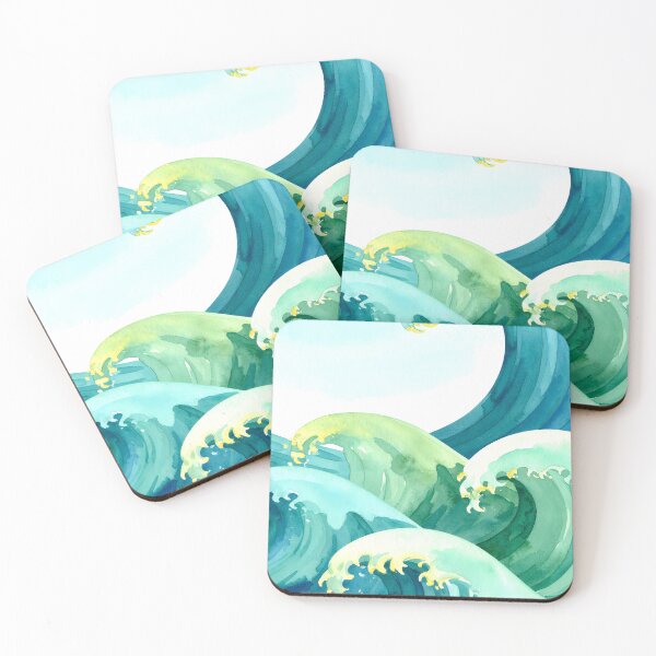Item preview, Dynamic blue and green ocean waves crest with white foam under a clear sky, rendered in a soothing watercolor style designed and sold by homydesign.