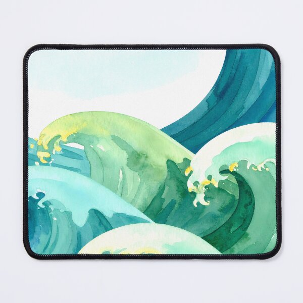 Item preview, Dynamic blue and green ocean waves crest with white foam under a clear sky, rendered in a soothing watercolor style designed and sold by homydesign.