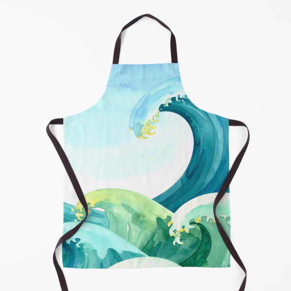 Item preview, Dynamic blue and green ocean waves crest with white foam under a clear sky, rendered in a soothing watercolor style designed and sold by homydesign.