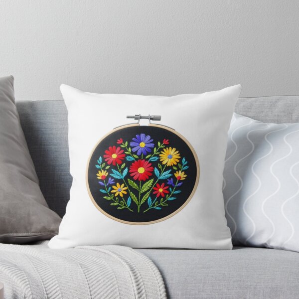 Item preview, Circular Embroidery Hoop with Vibrant Floral Design on Black Fabric designed and sold by Creative88Art.