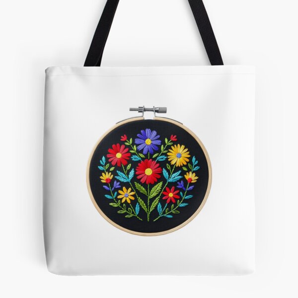 Item preview, Circular Embroidery Hoop with Vibrant Floral Design on Black Fabric designed and sold by Creative88Art.