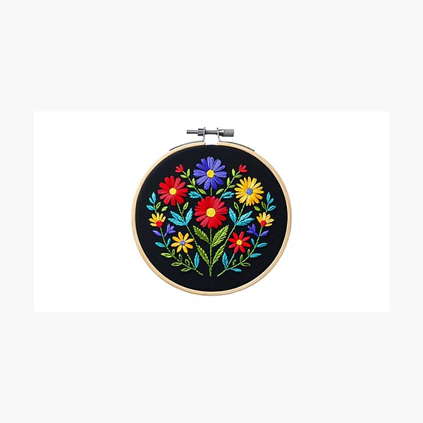 Item preview, Circular Embroidery Hoop with Vibrant Floral Design on Black Fabric designed and sold by Creative88Art.