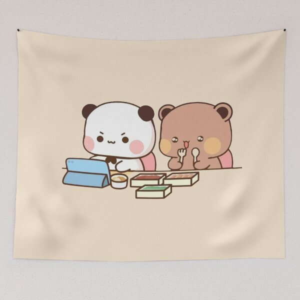 Aperçu de l'œuvre Couple de pandas Bubu Dudu et d'oursons brownies mangeant 2026 créée et vendue par BlueSkylineArts.