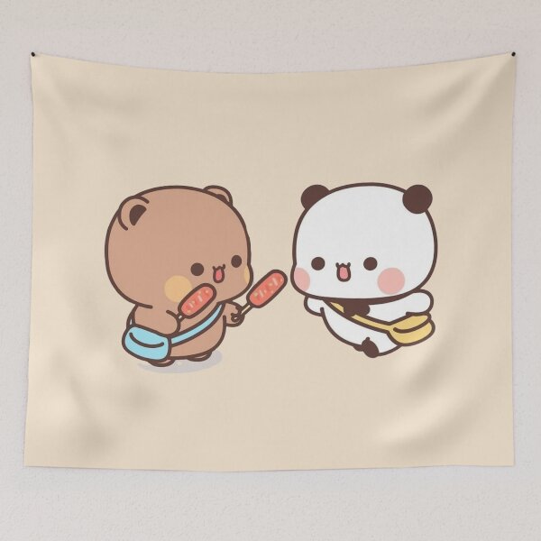 Aperçu de l'œuvre Couple de pandas Bubu Dudu et d'oursons brownies mangeant 2026 créée et vendue par BlueSkylineArts.