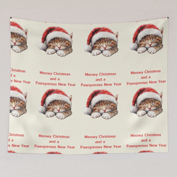 Item preview, Kitten sleeping in Santa hat, Cat Christmas, Christmas tree, christmas postcard, christmas tee designed and sold by Coolparrotgirl.