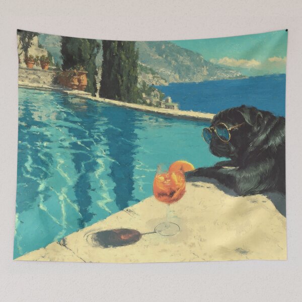 Item preview, Black Pug Poolside on the Italian Riviera designed and sold by Janine Aykens.