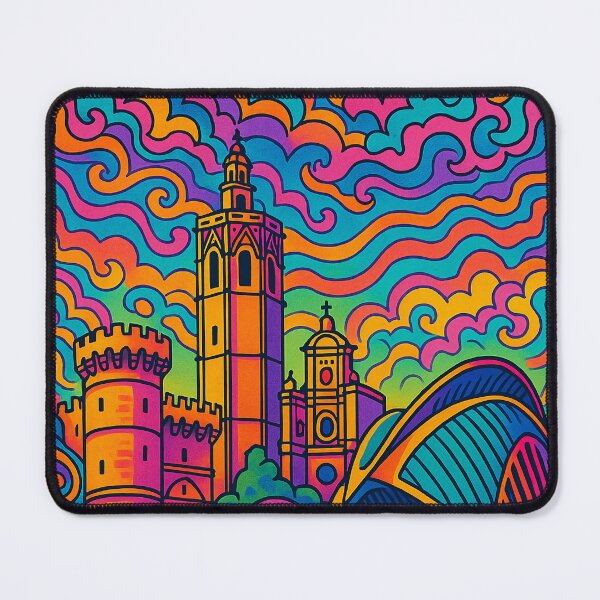 Item preview, Colorful Psychedelic Valencia Art | Surreal Spanish City | Vibrant Trippy Poster | Retro Travel Print | Dreamy Valencia Wall Decor designed and sold by PaintedPixels01.