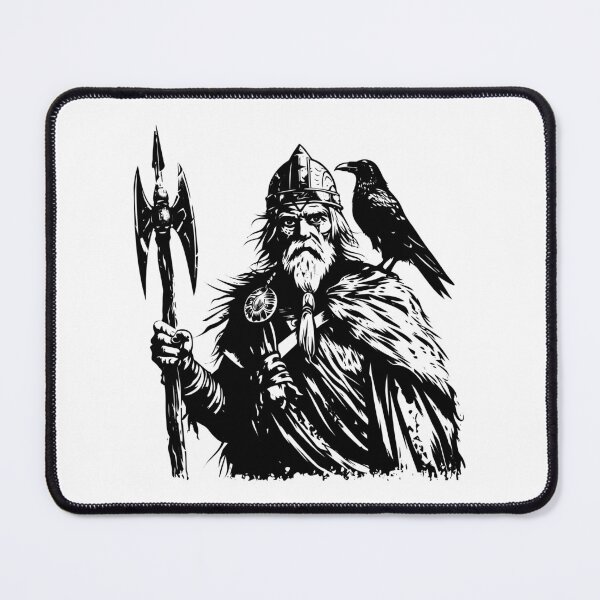 Item preview, Norse Viking Warrior with Raven | Odin Mythology Black and White Art designed and sold by inkoutninja.