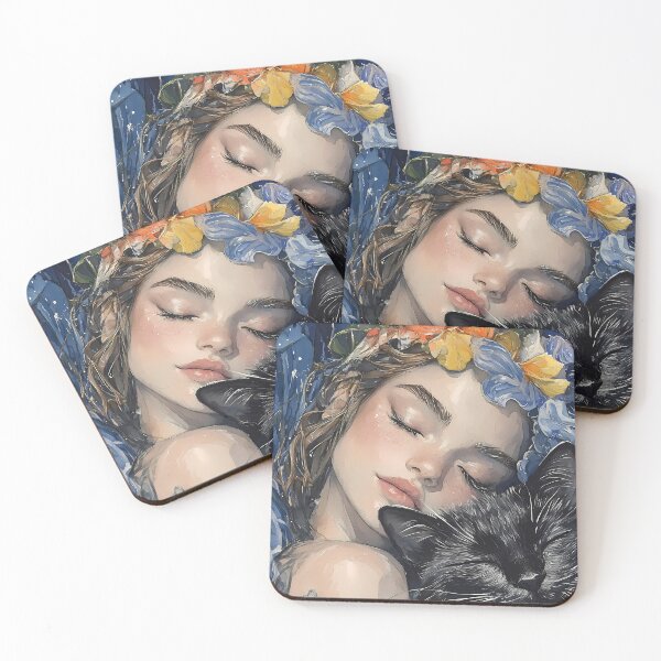 Item preview, Animal Starry Dreaming Girl and Black Cat Embraced Under Celestial Flowers designed and sold by ManuelOpito.