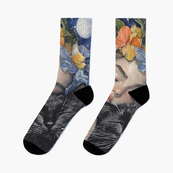 Item preview, Animal Starry Dreaming Girl and Black Cat Embraced Under Celestial Flowers designed and sold by ManuelOpito.