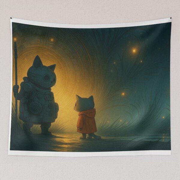 Item preview, Mystical Cat Robot Portal Under Starlit Rain – Dreamy Sci-Fi Fantasy Art designed and sold by Tommy Studio.