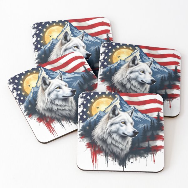 Item preview, White Wolf in the Mountains & American Flag Backdrop designed and sold by StickerCherry.