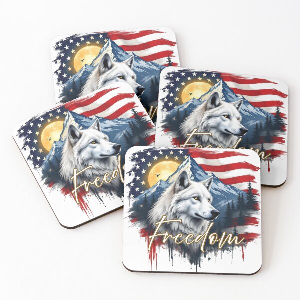 Item preview, White Wolf of Freedom over majestic mountains, with American flag behind it. designed and sold by StickerCherry.