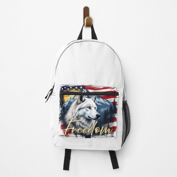 Item preview, White Wolf of Freedom over majestic mountains, with American flag behind it. designed and sold by StickerCherry.