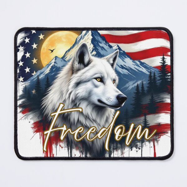 Item preview, White Wolf of Freedom over majestic mountains, with American flag behind it. designed and sold by StickerCherry.