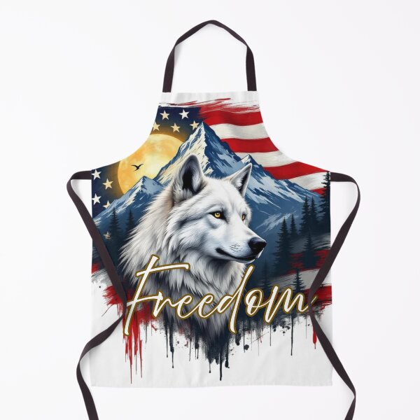 Item preview, White Wolf of Freedom over majestic mountains, with American flag behind it. designed and sold by StickerCherry.