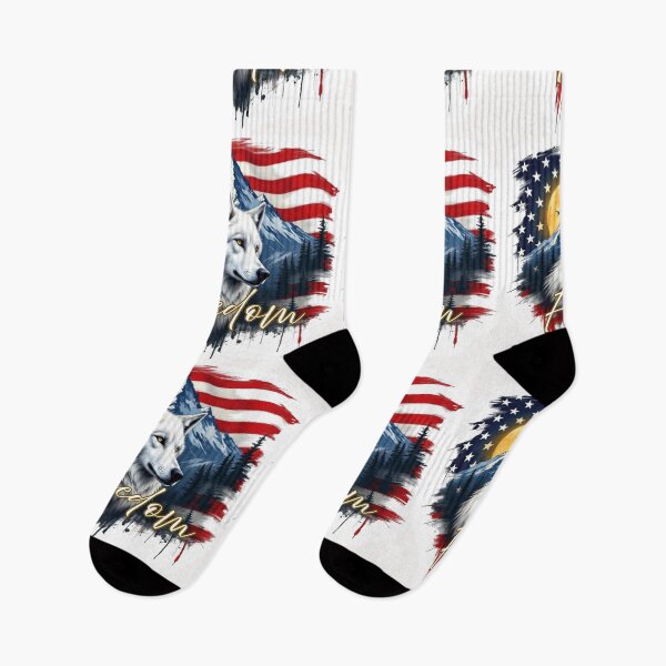 Item preview, White Wolf of Freedom over majestic mountains, with American flag behind it. designed and sold by StickerCherry.