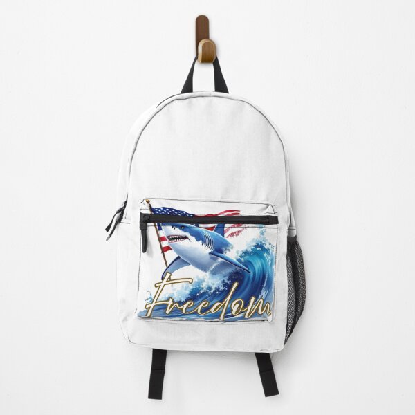 Item preview, Great white shark surfing on top of a wave, holding an American Flag designed and sold by StickerCherry.