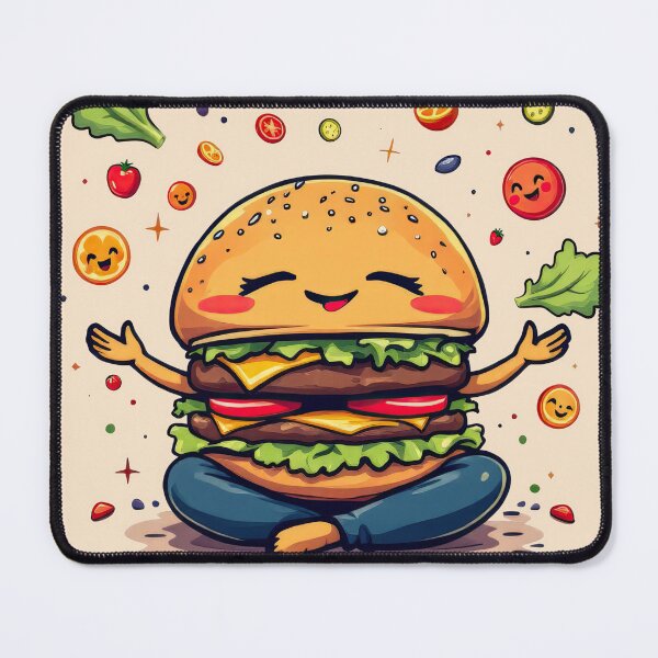 Item preview, A cartoon hamburger with arms outstretched and eyes closed with a lot of food around it designed and sold by cafegrafis.