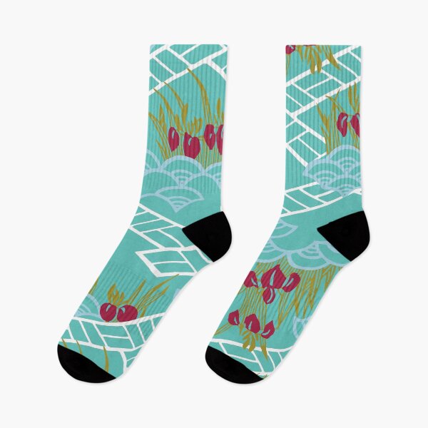 Item preview, Japanese landscape with iris flowers and waves - seamless vintage pattern designed and sold by Japan Design Prints.