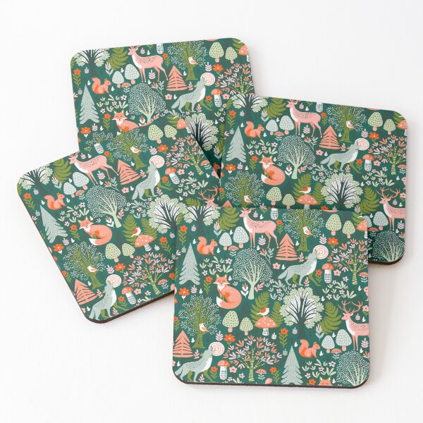 Item preview, Whimsical Woodland Animals with Flowers & Trees in Dark Green designed and sold by EliveraDesigns.