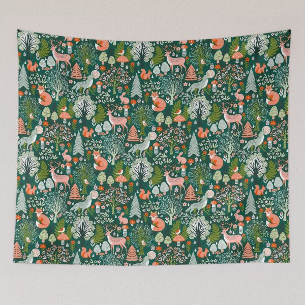Item preview, Whimsical Woodland Animals with Flowers & Trees in Dark Green designed and sold by EliveraDesigns.