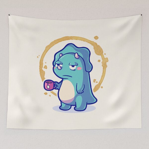 Item preview, Triceratops Dinosaur with cup of tea, exhausted dino, hugadino designed and sold by hugadino.