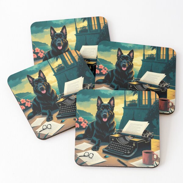 Item preview, Black German Shepherd with glossy fur and a gentleman vintage typewriter designed and sold by mcinnesstore.