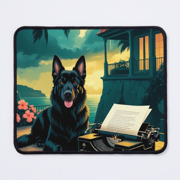 Item preview, Black German Shepherd with glossy fur and a gentleman vintage typewriter designed and sold by mcinnesstore.