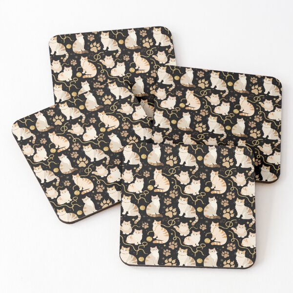 Item preview, Elegant felines and sparkling gold yarn on black, adorable cats with golden paw prints, sophisticated pet motif, charming animal pattern, cozy and warm artistic illustration designed and sold by ArtifactVault.