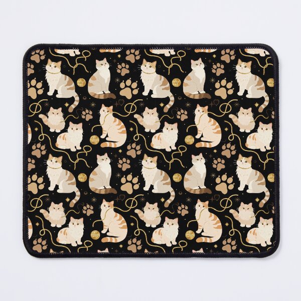 Item preview, Elegant felines and sparkling gold yarn on black, adorable cats with golden paw prints, sophisticated pet motif, charming animal pattern, cozy and warm artistic illustration designed and sold by ArtifactVault.