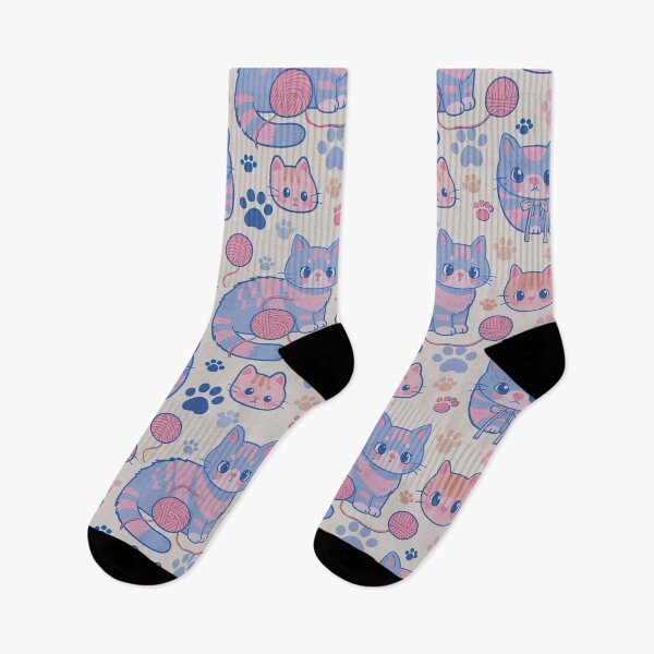 Item preview, Sweet pastel blue and pink cartoon cats, cute kawaii style kittens with yarn and paw prints, charming and playful animal design, light cream background, delightful pet pattern designed and sold by ArtifactVault.