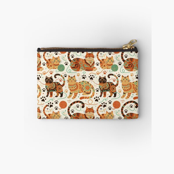 Item preview, Colorful folk art patterned cats, vibrant orange and teal hues, playful felines with yarn and paw prints, bohemian animal illustration, cream background, artistic and cheerful design designed and sold by ArtifactVault.