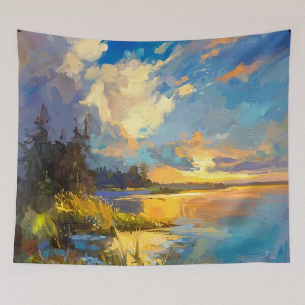 Item preview, A serene sunset over the lake, landscape painting designed and sold by Mikko Tyllinen.