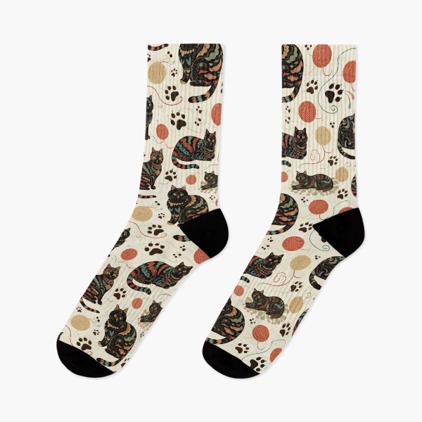 Item preview, Intricate tribal patterned black cats, colorful folk art style, playful felines with yarn balls and paw prints, artistic and bohemian cat design, cream background, unique animal print designed and sold by ArtifactVault.