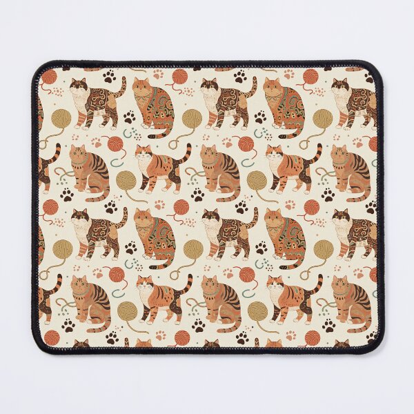 Item preview, Artistic patterned cats in warm earth tones, unique tribal and folk art designs, playful felines with yarn and paw prints, bohemian animal print, cream background, creative cat art designed and sold by ArtifactVault.