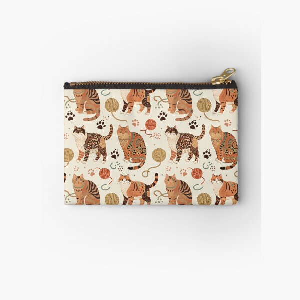 Item preview, Artistic patterned cats in warm earth tones, unique tribal and folk art designs, playful felines with yarn and paw prints, bohemian animal print, cream background, creative cat art designed and sold by ArtifactVault.