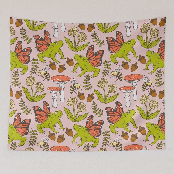 Item preview, Fairy Toad Pattern – Goblincore Forest Creatures on Pink designed and sold by musingtreeart.