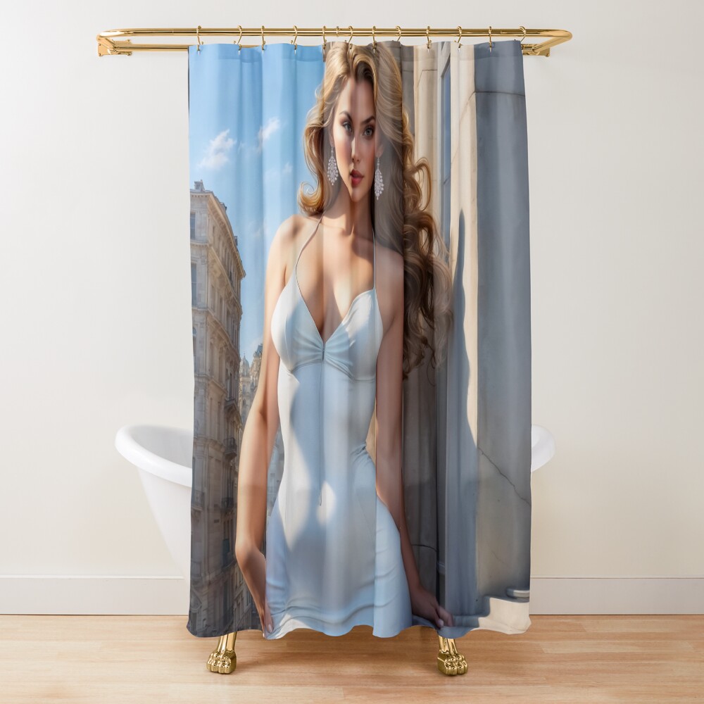 Vellanie A Vision Of Timeless Parisian Elegance And Beauty AI Concept Art by Xzendor7 | Une beauté aux cheveux d'or 3 Vellania, A Vision Of Timeless Parisian Elegance And Beauty Mesmerizing AI Concept Art by Xzendor7 Decorative Art Print Shower Curtain