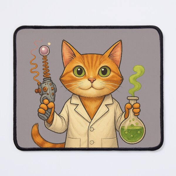 Item preview, “Funny Science Cat – Mad Scientist Kitty in Lab Coat with Ray Gun and Flask” designed and sold by DigiLab.