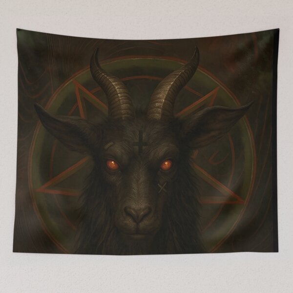 Item preview, halloween horror nights Demonic Goat Head with Glowing Eyes Occult Art designed and sold by Uglyandcute.