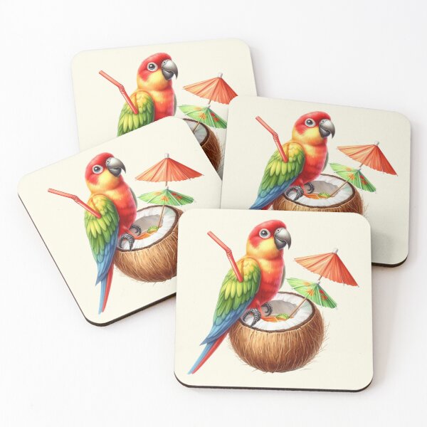 Item preview, Cute  Cartoon parrot drinking cocktail from coconut designed and sold by Coolparrotgirl.