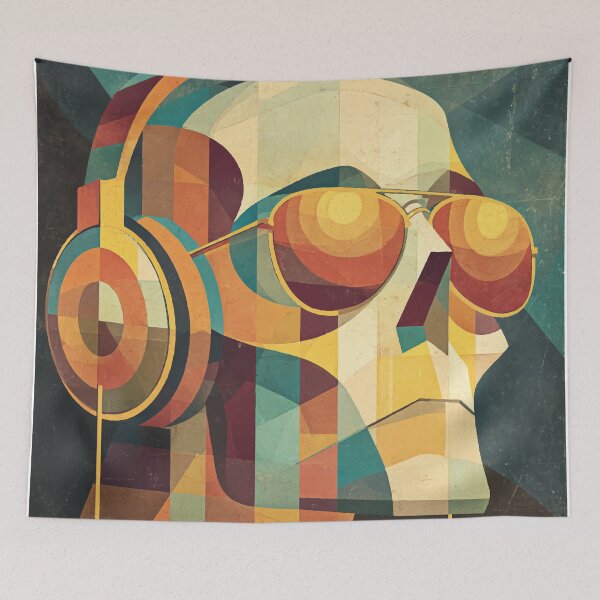 Item preview, Colorful Cubist Skull with Headphones and Sunglasses designed and sold by Moss and Moon Studio.