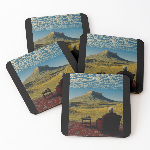 Item preview, Man in Chair Looking at Mountain – Surreal Landscape with Red Carpet designed and sold by KristinaNEL.