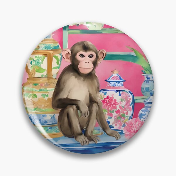 Item preview, Monkey in preppy pink chinoiserie interior with ginger jars watercolor designed and sold by SophieClimaArt.