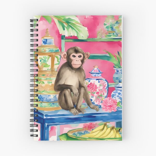 Item preview, Monkey in preppy pink chinoiserie interior with ginger jars watercolor designed and sold by SophieClimaArt.