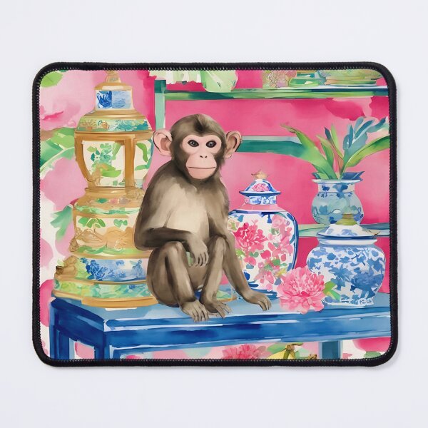 Item preview, Monkey in preppy pink chinoiserie interior with ginger jars watercolor designed and sold by SophieClimaArt.