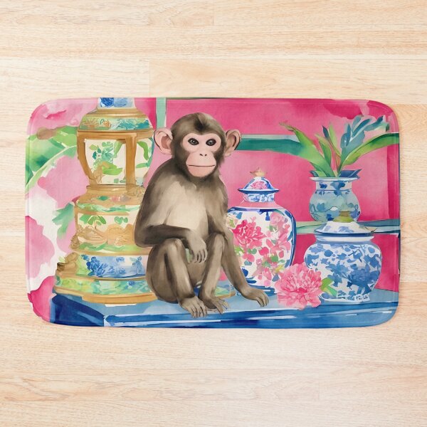 Item preview, Monkey in preppy pink chinoiserie interior with ginger jars watercolor designed and sold by SophieClimaArt.