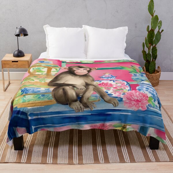Item preview, Monkey in preppy pink chinoiserie interior with ginger jars watercolor designed and sold by SophieClimaArt.