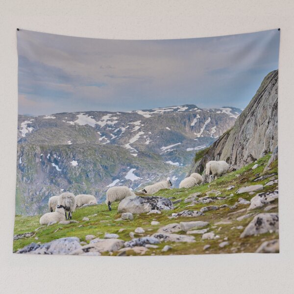 Item preview, Sheep Grazing on Rocky Meadow with Snow-Capped Mountain – Norway designed and sold by TheNordicNature.
